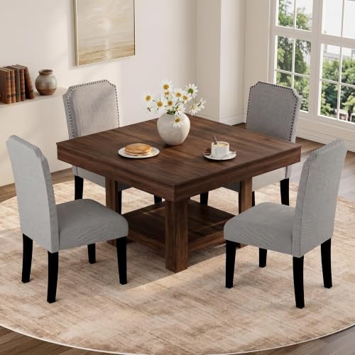 GarveeHome Square Dining Room Table for 4-6 People, Heavy Duty 350Lbs Kitchen Table with 2-Tier Storage, Waterproof Wooden Dinner Table with Sturdy Triangle Legs, Brown.