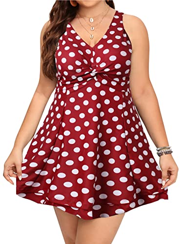 ECUPPER Women One Piece Swimsuit Tummy Control Plus Size Swimdress V Neck Vintage Bathing Suits Skirt Swimwear