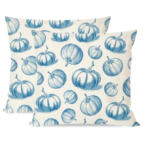 PANDICORN Fall Blue Pumpkin Throw Pillow Covers 18x18 Inch Set of 2 Autumn Outdoor Farmhouse Country Cottage Thanksgiving Decorations Decorative Throw Pillows Cases for Home Living Room Couch Decor