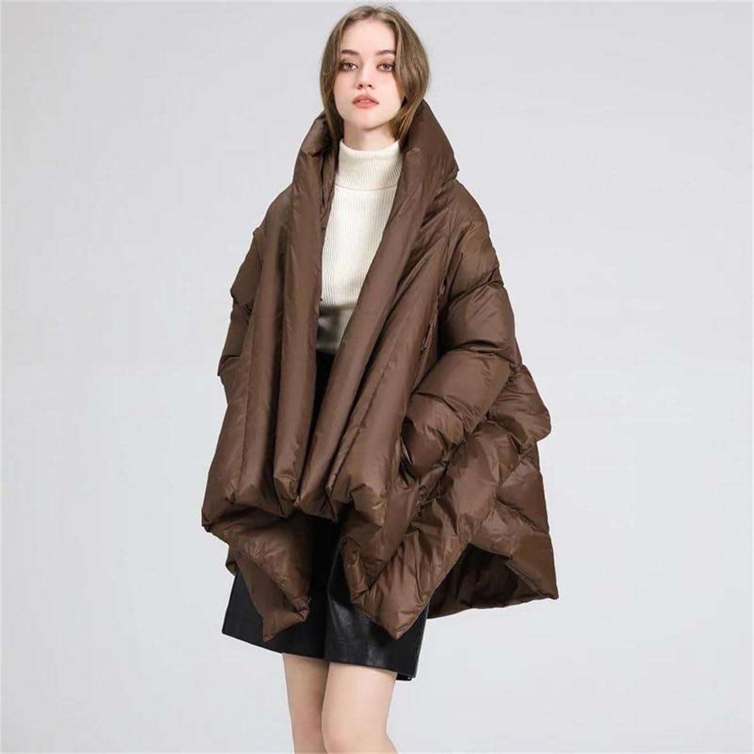 Women Winter Irregular Shawl Jacket White Down Coat Medium-Length Thickened Loose Hooded Puffer Parka Jacket