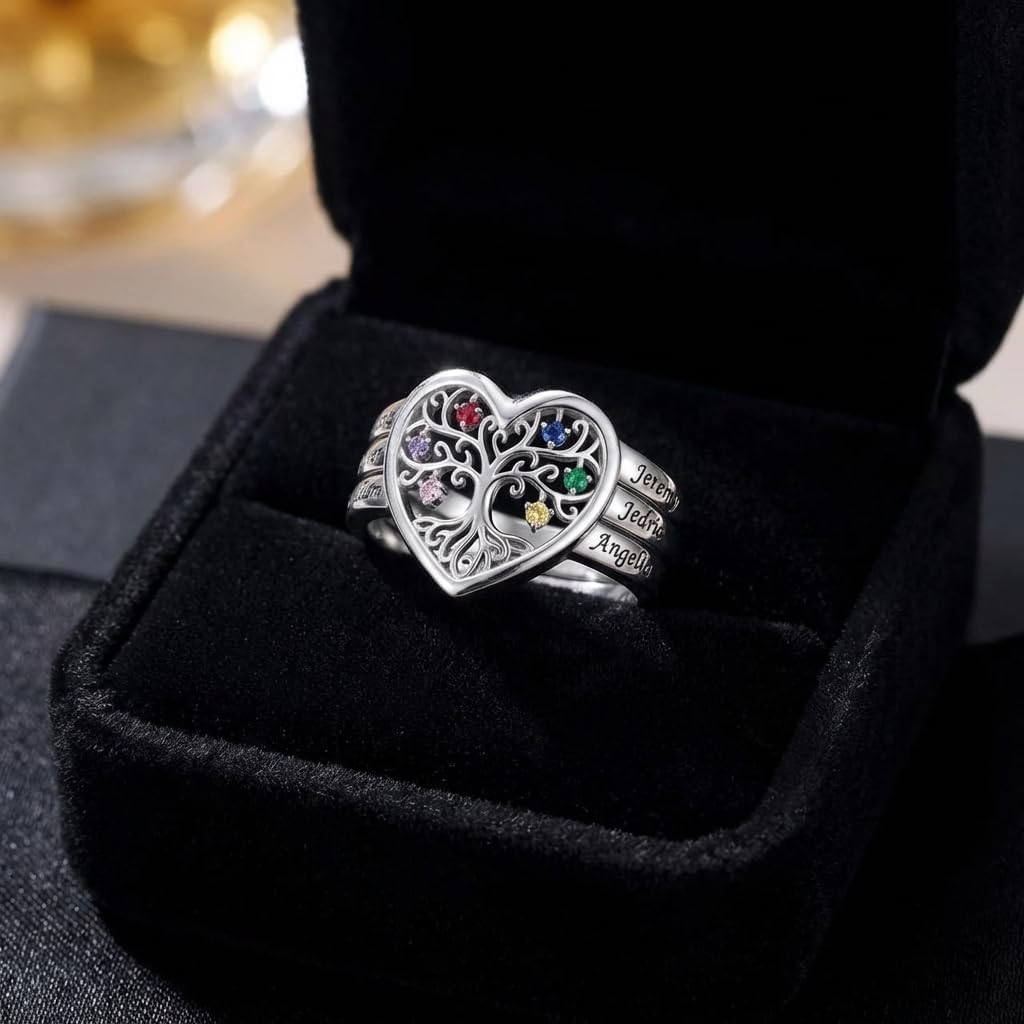Personalized Mothers Ring, Custom Multi Birthstone Tree of Life Heart Ring, Available in Sterling Silver / 10K / 14K / 18K Gold, Customized Birthstone Jewelry for Mother, Grandma, Women