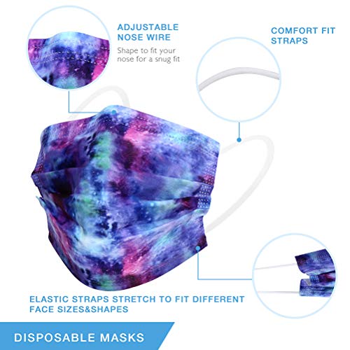 Printed Disposable Face Masks - 100Pcs Stylish Pattern 3Ply Safety Mask, Breathable Soft Tie Dye Face Covering With 5 Colors, Comfortable Protective Face Cover & Mouth Cover For Adult With Bendable Nose Clip, For Home, School, Office And Outdoors #TOP4