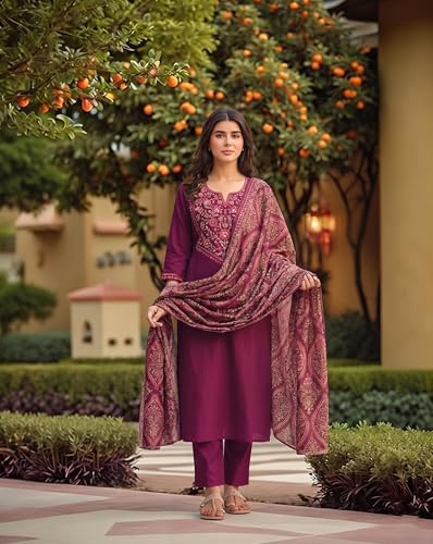 Image of GoSriKi Women's Rayon Viscose Straight Printed Embroidered Kurta with Pant & Dupatta | Ethnic Kurta Set for Women | Daily, Office & Festive Traditional