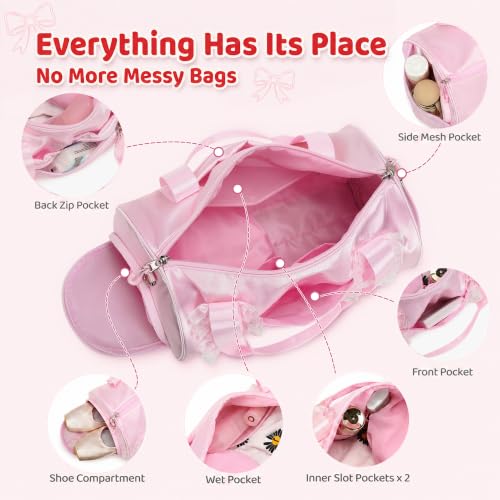 Image of CAMTOP Girls Dance Duffle Bag with Shoe Compartment, Ballet Gymnastics Bag for Girls 4-6, Toddler Travel Overnight Sports Bag with Strap, Cute Ballerina Gift (Pink)
