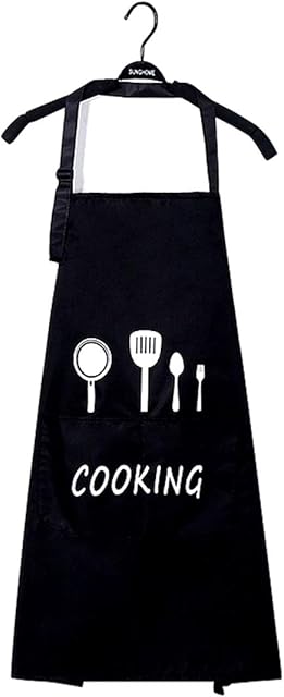 Adjustable Bib Apron for Women Men with Pockets Quality Waterproof Cooking Kitchen Aprons for home Kitchen Cooks BBQ Restaurant Coffee House Black/ Offwhite