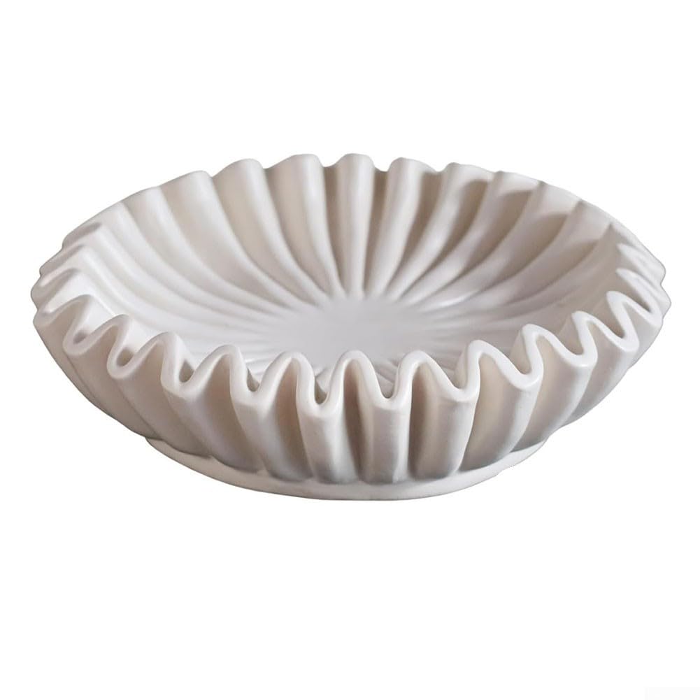 Ciotola decorativa per la casa con scanalature e bordi increspati, ciotola decorativa per soggiorno, tavolino da caffè, libreria, 15,2 x 15,2 x 5,1 cm (bianco)