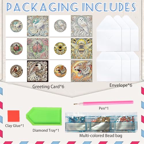 Image of 6 Pack Animal Diamond Art Greeting Cards with Envelopes, DIY 5D Diamond Painting Card Kit Featuring Phoenix Owl Bee Eagle Ladybug and Tiger, Handmade Rhinestone Craft Cards for Birthday and Holiday