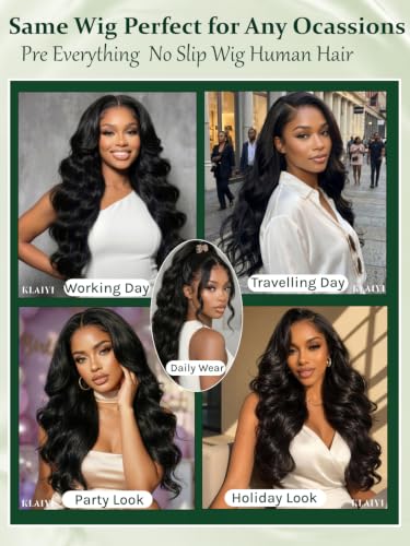 Image of KLAIYI Bye Bye Slip Loose Body Wave Glueless Pre Cut 7X5 Lace Front Wigs Human Hair Drawstring 30S Ready to Wear and Go Wig Pre Plucked Bleached Knots Bouncy Curls Pre Everything Beginners Wig 16Inch