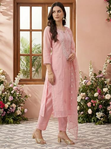 Image of INDO ERA Women's Cotton Blend Solid Straight Kurta with Pant & Dupatta Set