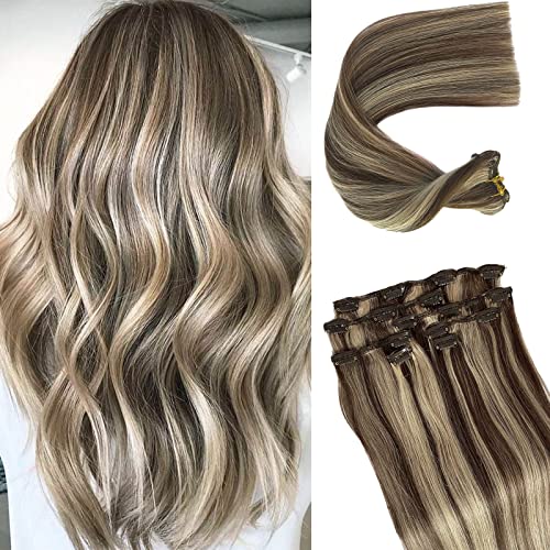 Image of Clip in Hair Extensions Real Human Hair Brown to 613 Blonde Highlights Remy Clip in Human Hair Extensions Natural Hair Extensions 18 Inch 7 Pieces 70G