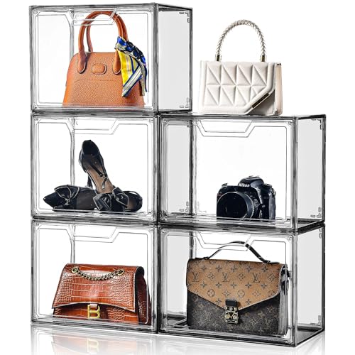 Purse Organizer for Closet,Clear Acrylic Display Case for Handbag Organizer, Purse Storage Box with Magnetic Door, Dustproof Storage Bins for Book, Collectibles, Cosmetic (Grey, 5)