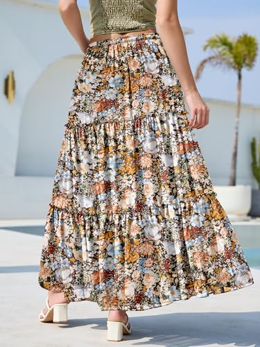 NASHALYLY Women's Flowy Boho Floral Casual Maxi Skirt Elastic High Waisted A Line Tiered Chiffon Vacation Long Skirt(Coffee Floral,S) — view 3