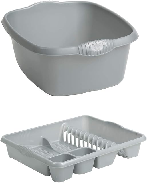 Large Dish Drainer and Rectangular Washing Up Bowl Plastic Home / Office / Kitchen Silver / Grey - Set of 2