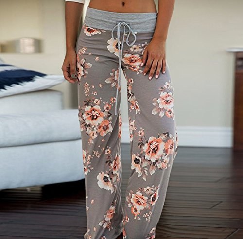 Image of AMiERY Women's Comfy Casual Pajama Pants Floral Print Drawstring Palazzo Lounge Pants Wide Leg