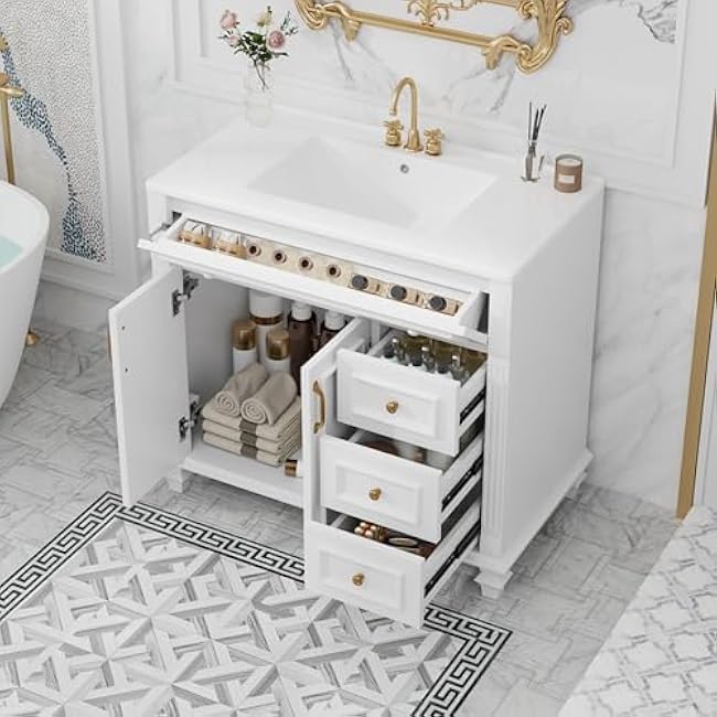 Modern 36 Bathroom Vanity with Sink, Wood Bathroom Vanities with 4 Drawers of Different Sizes, Soft-Closing Door, Open-Back Design, Metal Handles (White-39N)