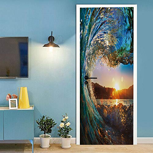 Türtapete selbstklebend Türposter Sonnenuntergang Wellen Abnehmbar Fototapete Türfolie Poster Tapete 90x200cm Cover