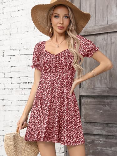 Image of Missufe Women's Puff Short Sleeve Drawstring Ruched Front Fit and Flare Floral Summer Casual Short Dress