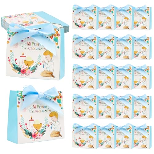 BORISCA 22pcs Azul Bolsa Regalo Comunion Niño Detalles Comunion para Niños para los Invitados Bolsas Cajas Regalo con Cinta Azul de Comunión que se Puede Rellenar para Velas o Galletas de Chocolate