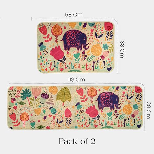 Image of Yellow Weaves- Non-Slip Kitchen Floor Mats, Water Absorbent, Rugs,Standing Jute Mats for Kitchen, Office, Sink and Laundry Room, Life is Beautiful (Pack of 2)