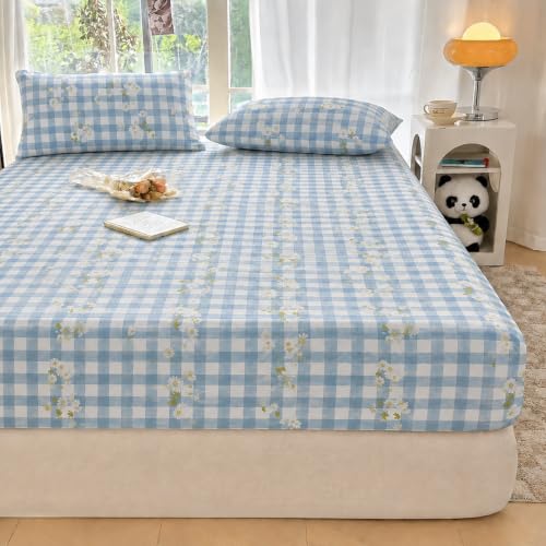 Image of VOMZER King Size (72x78) 300 TC Soft Cotton Feel Microfiber All Around Elastic Fitted Double Bedsheet with 2 Pillow Covers | Blue Check