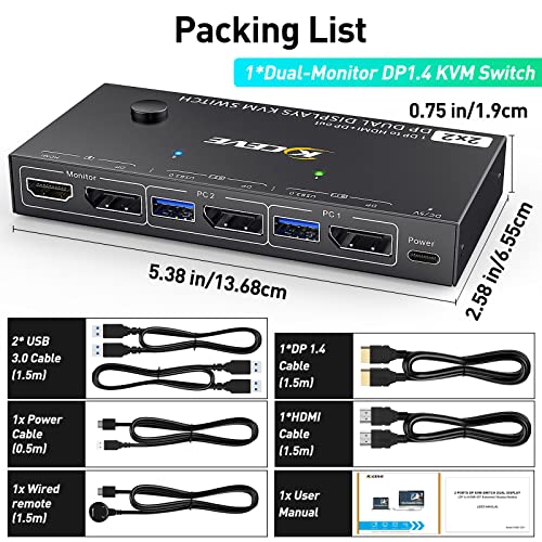 Image of DP KVM Switch Dual Monitor, MST SST 2 in 2 Out Displayport KVM Switcher Support Extend and Mirror Modes, HDMI and DP Monitor Output for 2 Computers 2 Monitors, Upgraded Version
