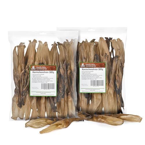 Kaureks Natur Hundeleckerlies, Kaninchenohren 2x500g ohne Fell Hasenohren, fettarm, Kauartikel, Kausnack