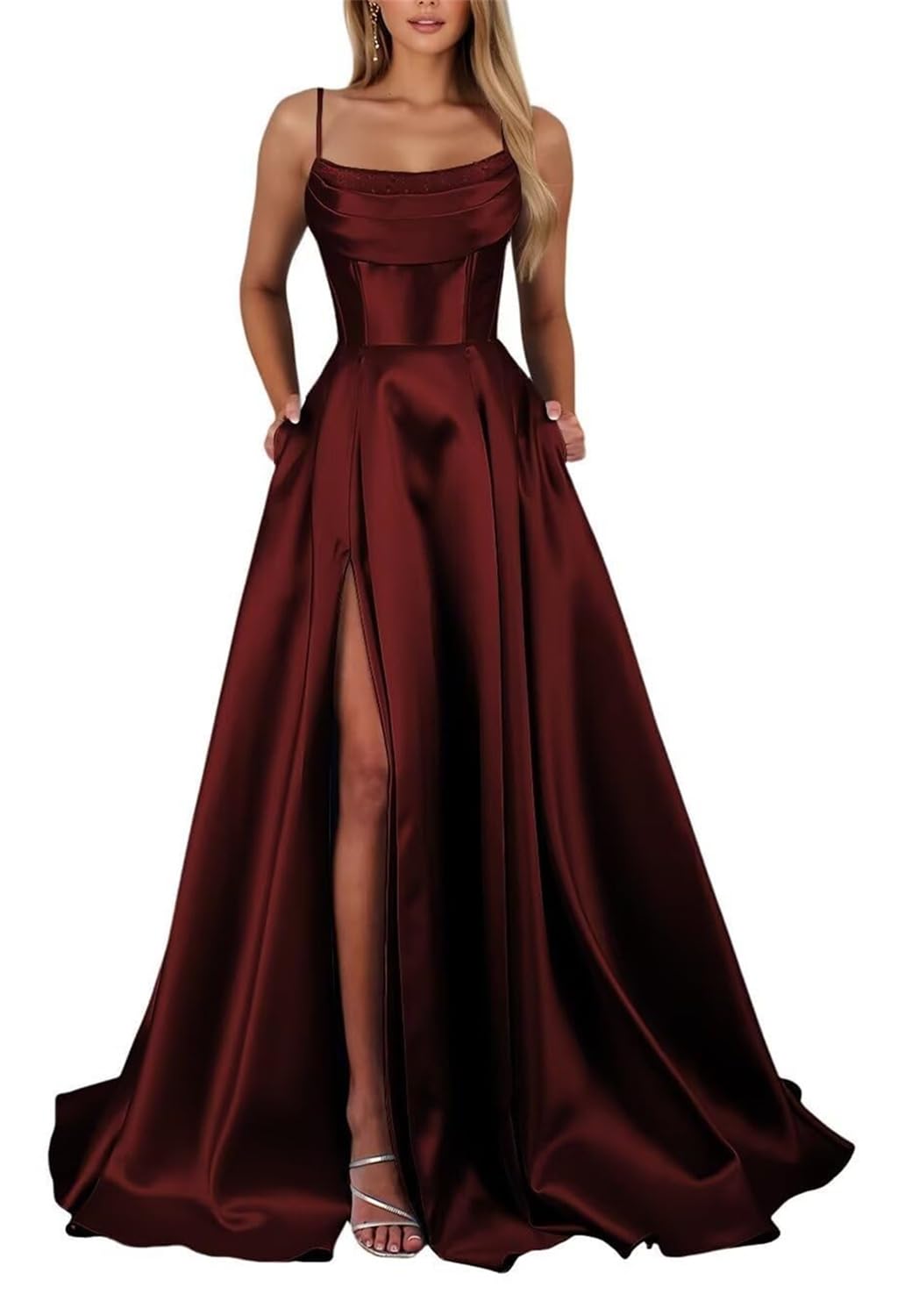 KIYNE Satin Burgundy Prom Dresses for Teens with Slit Spaghetti Strap Ball Gown Corset Floor Length Formal Evening Dress UK10