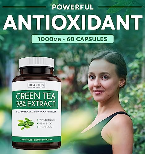 Green Tea Extract Capsules 98% with EGCG (Non-GMO) for Natural Metabolism Boost - Leaf Polyphenol Catechins - Antioxidant Supplement - Green Tea Pills - 1000mg (500mg per Capsule) - 60 Capsules - Image 4