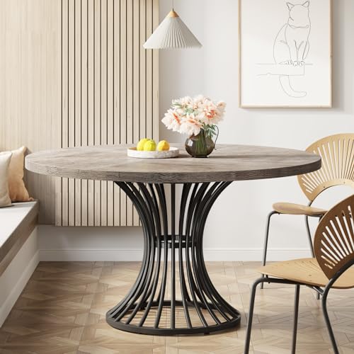 Image of Tribesigns Round Dining Table for 4-6 People, 47-Inch Farmhouse Dinning Room Circle Kitchen Table, Industrial Dinner Table with Metal Base for Kitchen, Living Room, Gray