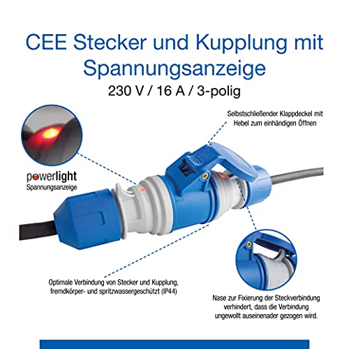as - Schwabe - CEE Stecker mit POWERLIGHT Spannungsanzeige - 230 V, 16 A, 3-polig - Outdoorstecker - IP44 fremdkörper- und spritzwassergeschützt - zur Verwendung im Außenbereich geeignet - blau, 61486
