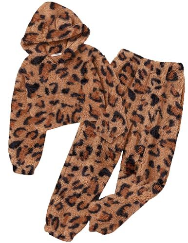 Image of Arshiner Girls 2 Piece Outfits Sweatsuit Fuzzy Long Sleeve Bear Ear Hoodie Sweatshirt and Sweatpant Kids Clothing Sets