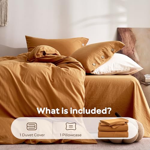 Image of JELLYMONI 100% Washed Cotton Duvet Cover Twin - Soft, Breathable Linen-Look Bedding with Natural Wrinkle Texture, Button Closure, 2-Piece Set (Amber Orange, 68 inchx90 inch)
