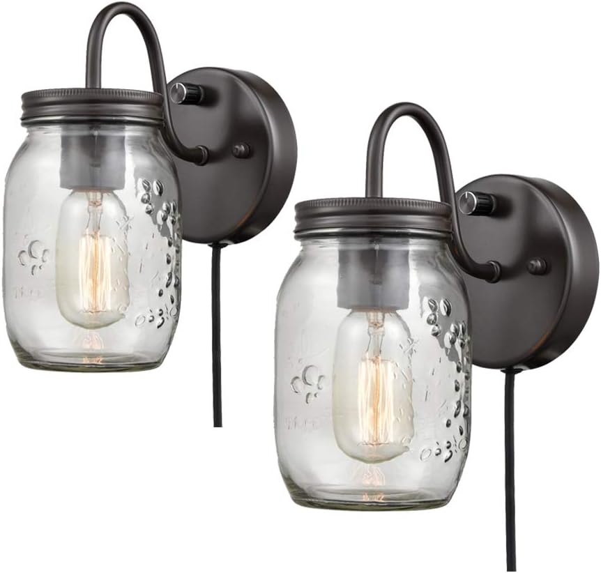 EUL Vintage Mason Jar Light Fixture Clear Glass 2-Pack Wall Sconces Oil Rubbed Bronze, Plug-in