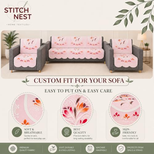 Image of STITCHNEST Florenza Pink 10 Piece Cotton Net Sofa Slip Cover |5 Seater