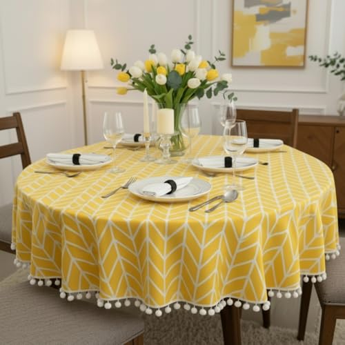 Image of HOMEMONDE Cotton Premium Dining Round Table Cover with White Border Pom-Pom, 45 x 45 Inches Yellow Arrow Printed Table Cloth 4 Seater, Round Table Cover - (114x114 CM, Yellow Arrow)