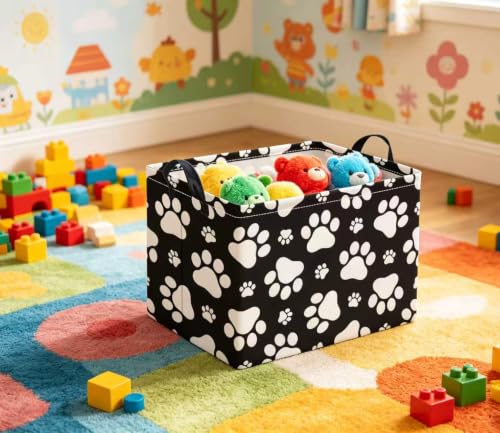 Image of Rectangular Baby Kids Storage Basket for Home Kitchen Girls Cute Toy Storage Bin Organizer Shelf Book Room Decor(Black Paw)