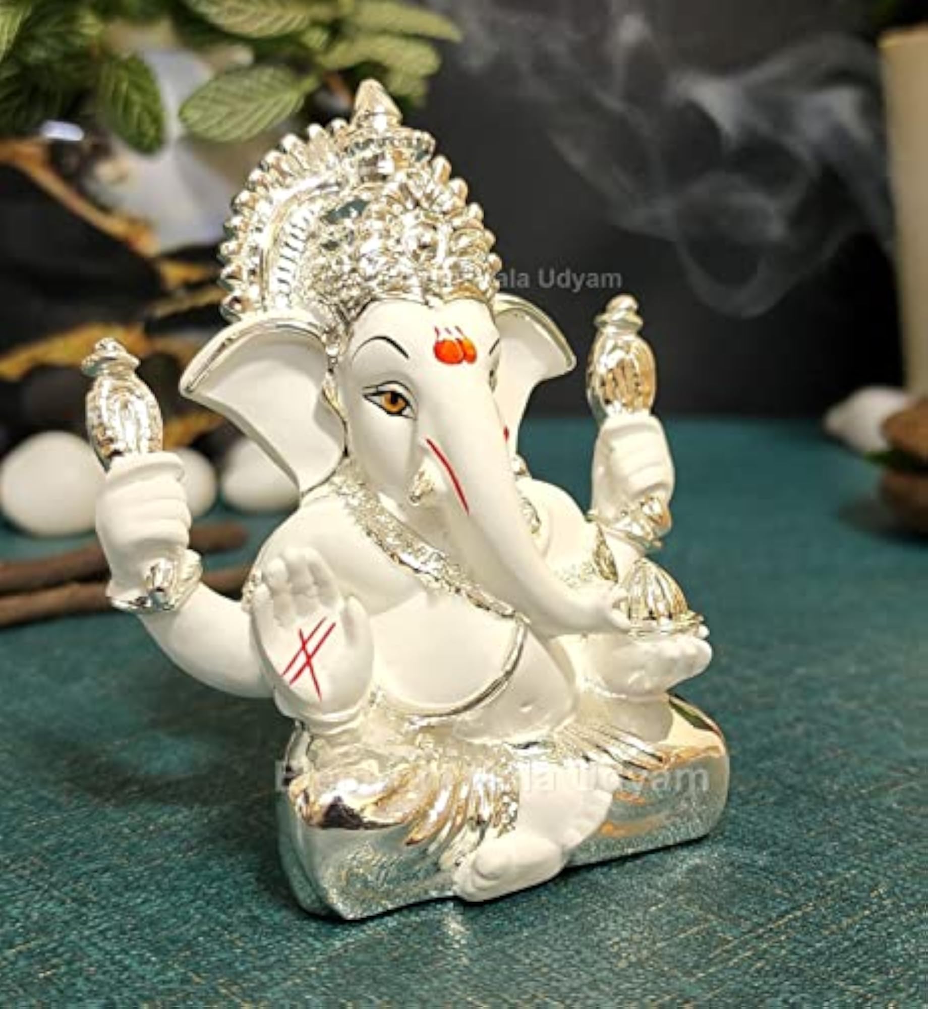 Divine Ganesha White Idol with Silver Plated Finish