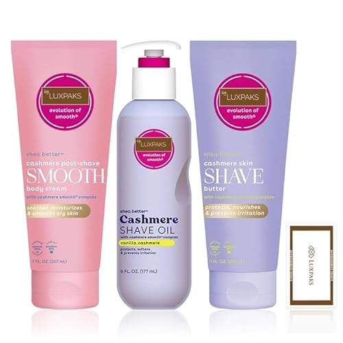 Set per la cura della pelle: contiene E.O.S Cashmere Shave & Smooth Trio - Olio da barba Vanilla Cashmere Shave Oil, Burro da barba e crema per il corpo con LuxPaks Wipe