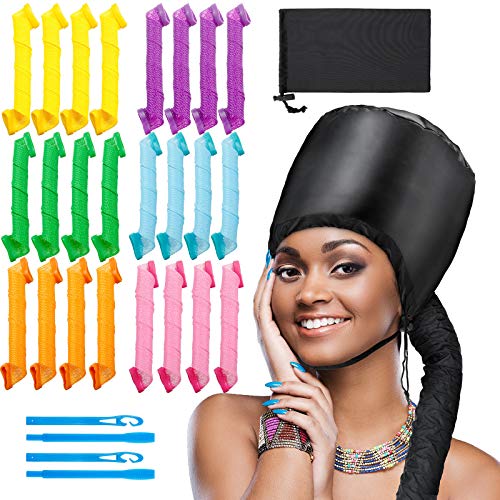 Hair Dryer Bonnet Hood Portable Soft with 24 Pieces Spiral Hair Curlers Hair Rollers 30 cm/ 12 Inches No Heat Hair Curlers and 2 Pieces Styling Hooks, Hair Dryer Bonnet Attachment Kit