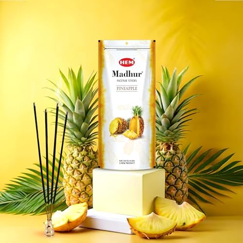 Image of HEM Madhur Pineapple Incense Sticks - Pack of 3 | Refreshing Tropical Aroma for Meditation & Home Fragrance | Long-Lasting Natural Fragrance | Convenient Zip Pouch | Approx 240 Stick | Burns 35-40 Min