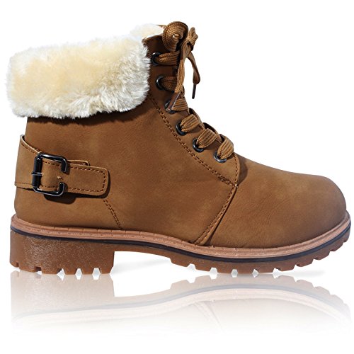 Image of Core Collection Womens LACE UP Collar Fur Lined Winter Warm Ladies Ankle Boot Size 3-8 Camel