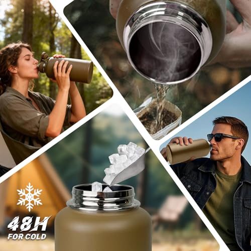 Image of Half Gallon Water Bottle with Sleeve - 64 oz Stainless Steel Insulated Water Jug with Handle Wide Mouth Gym Water Bottles for Men Sports Workout Hiking Camping with Military Pouch Khaki