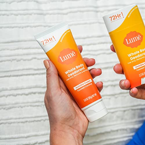 lume whole body deodorant - invisible cream tube - 72 hour odor control - aluminum free baking soda free skin safe - 30 ounce toasted coconut