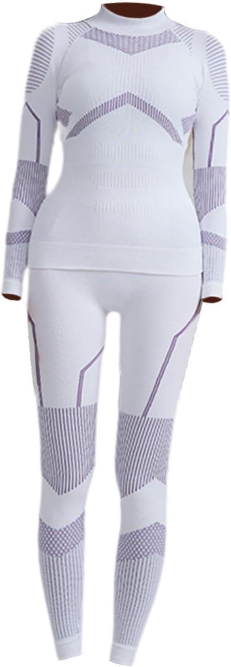 Women's Thermal Underwear Set, Long Sleeve Base Layer, Quick-Dry Nylon, for Skiing Hiking Running, White and Purple