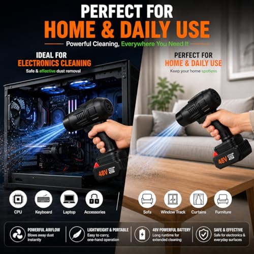 Image of 48V Cordless Air Duster Blower with 2 Lithium-Ion Batteries | High-Power Handheld Dust Cleaner for Computer, Car & Home | Portable Electric Blower with Strong Airflow & Rechargeable Battery Pack (S5)