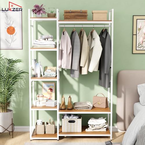 Image of Lukzer Heavy Duty Garment Rack with 8 Shelves & Hanging Rod | Free-Standing Modern Clothes Stand Metal & Engineered Wood Shoe Rack with Adjustable Foot Pads for Living Room - MMR-004 /White & Oak Brown