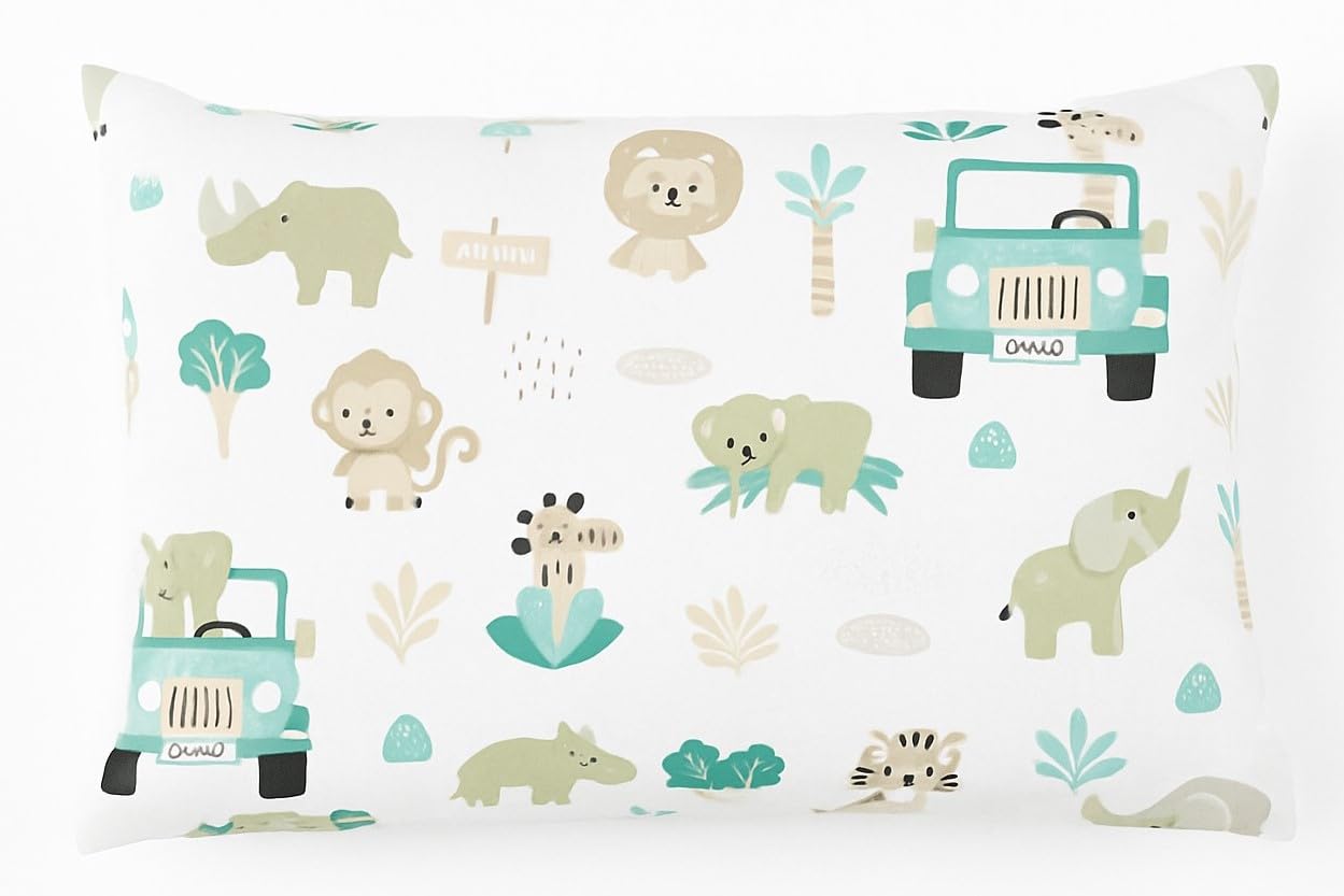 Balbina Pillowcase 60 x 40 cm for Children & Babies, Pillowcase 100% Cotton, for Children's Room, Pram or Cot, Cotton Pillowcase with Zip, Cars/Zoo, Green/Grey