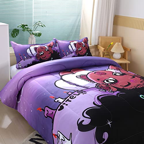 African American Black Girl Comforter Set For Kids And Adults, Queen Size Purple Hair Girl Bedding Comforter With 2 Cute Little Afro Girl Patterned Pillowcases - 90"X90" #TOP3