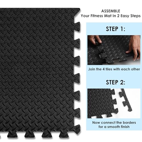 Image of eHomeKart Gym Mats for Floor for Home and Living Room, Interlocking Rubber Floor Gym Mat for Workout at Home, Super Absorbent EVA Foam Workout Mat- 60x60cm - 12mm, Black & Grey (8 Tiles - 32Sqft)