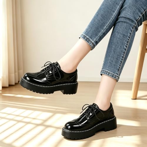 Image of Womens Oxford Shoes Black Leather Platform Oxford Shoes for Women Brogue